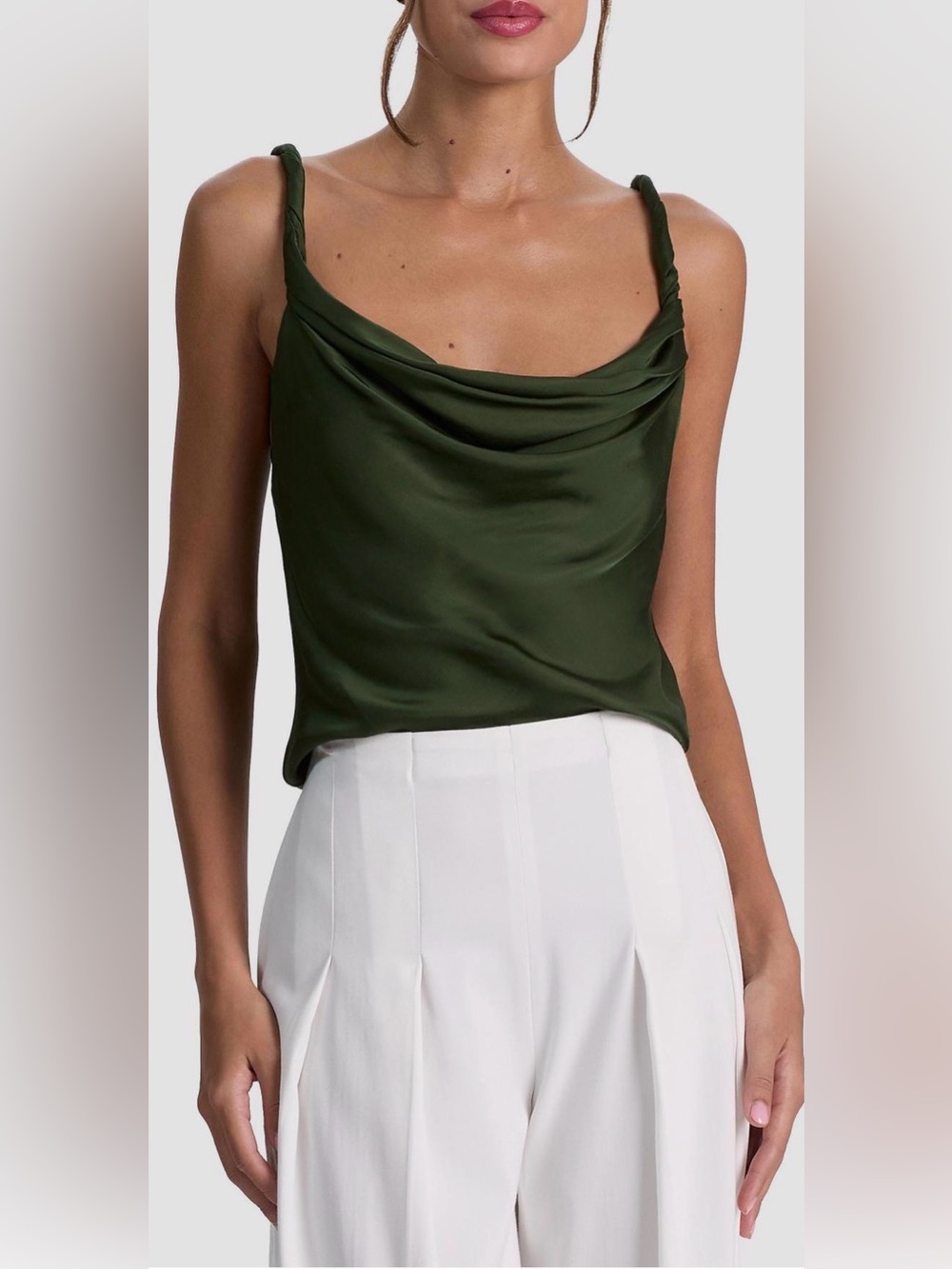 Alice + Olivia Monique Cowlneck Satin Tank in Dark Fern